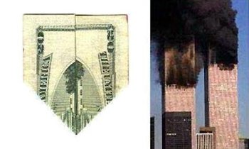 ... und auf der Rückseite des Scheins sieht man das WTC in Flammen.